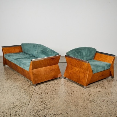 A Vintage Teal Velvet & Burlwood Art Deco Lounge