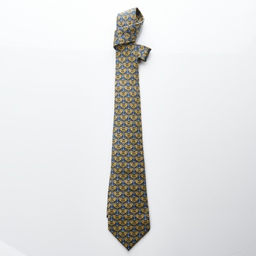 Herm&egrave;s, 100% Silk, Navy / Gold Anchor Patterned Tie