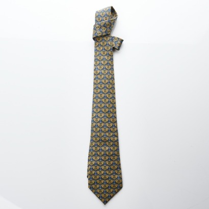 Herm&egrave;s, 100% Silk, Navy / Gold Anchor Patterned Tie