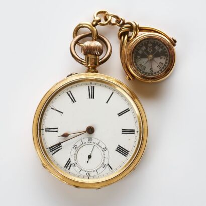 18ct Yellow Gold, Swiss Made Pocket Watch, retailed by W.McFerran Manchester with 18ct Rose Gold Carnelian / Mother-of -Pearl Compass Swivel Fob Set