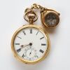 18ct Yellow Gold, Swiss Made Pocket Watch, retailed by W.McFerran Manchester with 18ct Rose Gold Carnelian / Mother-of -Pearl Compass Swivel Fob Set