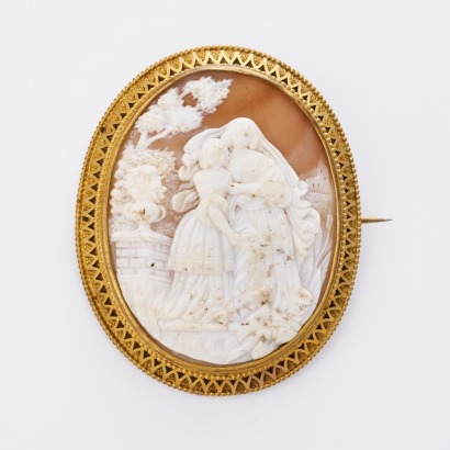 Large Cameo, Detailed Hand-carved Scene in Gold Plated Copper Frame