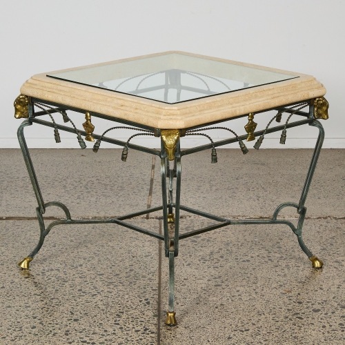 Metal and Marble Square Table With Glass and Bronze Feet