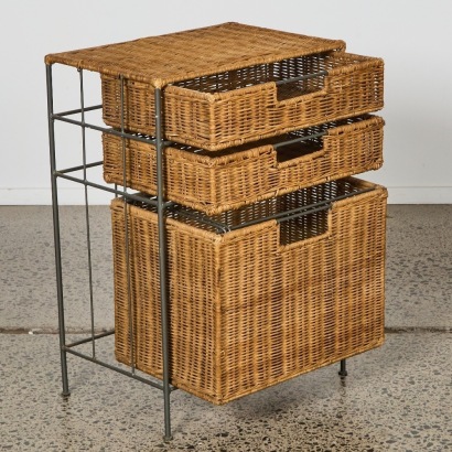 A three drawer Wicker Basket and Metal Framed Storage Chest