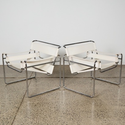 A Pair of White Leather Marcel Breuer Wassily Wassily Armchairs Manufactured by Fasem