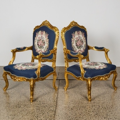 A Pair of French Inspired Arm Chairs with Blue