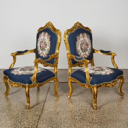 A Pair of French Inspired Arm Chairs with Blue