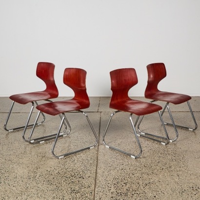 A Set of Four Flototto Style Stacking Plywood Chairs