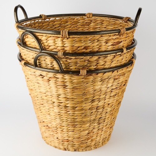 A Set of Three Seagrass Weave Metal Rimmed Storage Baskets