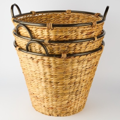 A Set of Three Seagrass Weave Metal Rimmed Storage Baskets
