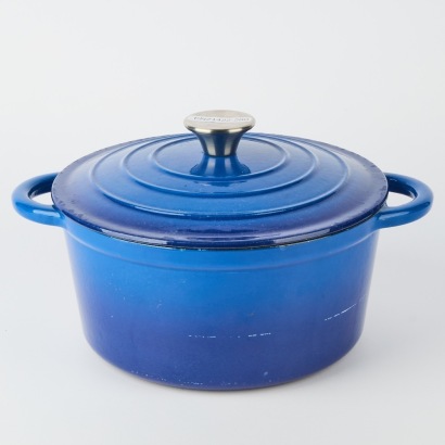 A Cast Iron Lidded Casserole in Blue