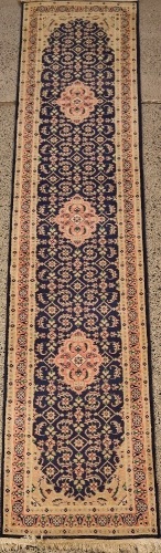 A Hand Knotted Navy and Pink Runner