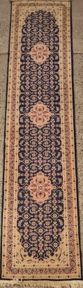 A Hand Knotted Navy and Pink Runner