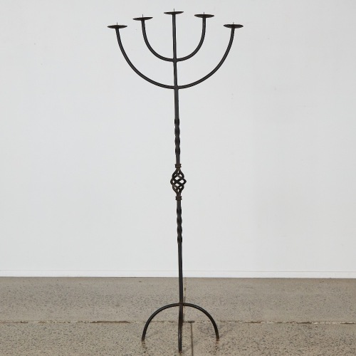 A Large Heavy Tall Wrought Iron Candle Stand with Twist Stem