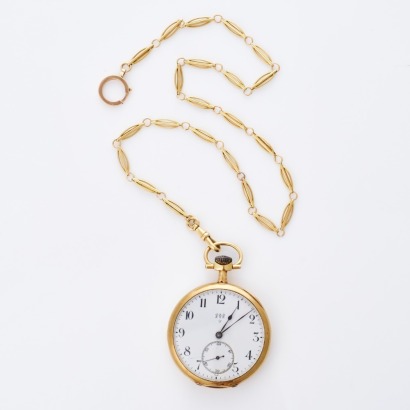 18ct Yellow Gold, French Cased Pocket Watch with 45cm Albert Chain, circa 1910's