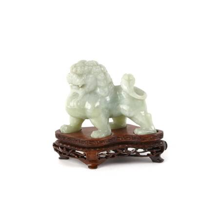 A Chinese Carved Grey/Green Hardstone Kylin Figure on Stand