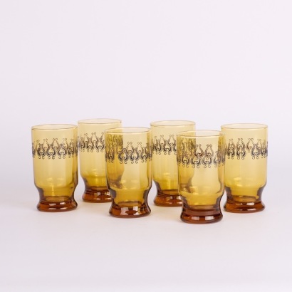 A Set of Six Crown Crystal Kowhaiwhai Pattern Amber Glasses
