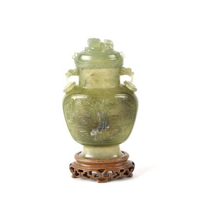  A Chinese Well Carved Celadon Green Hardstone Lidded Urn Vase