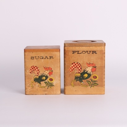 A Pair of Vintage Finger Jointed Green Kitchen Canisters Flour and Sugar