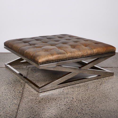 A Large Square leather and Stainless Ottoman