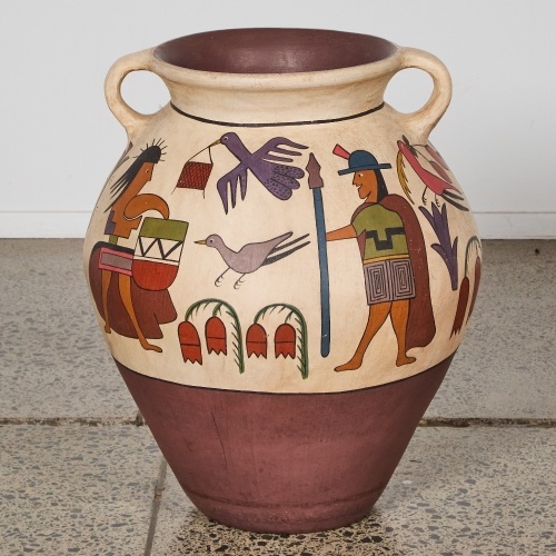 An Impressive Handpainted Pottery Urn with Peruvian Symbols and Figurines
