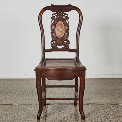 An Antique Chinese Carved Redwood and Marble Side Chair