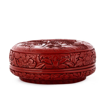 A Chinese Red Lacquer Box Carved with figures and landscape scene (Da Qing Qianlong Nian Zhi Mark)