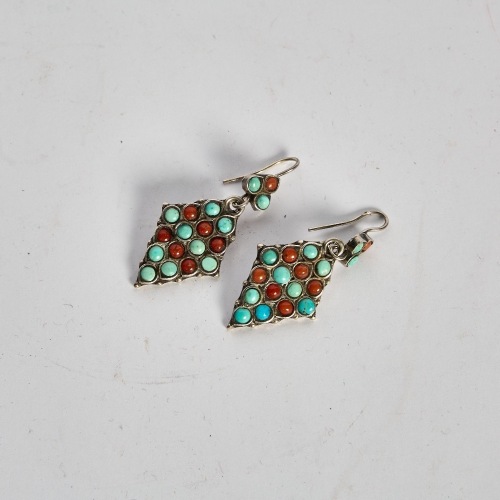 A Pair of Coral, Turquoise and Sterling Silver Earrings