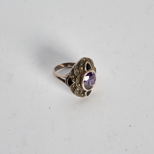 An Art Deco Style Amethyst, Marcasite and Sterling Silver Ring