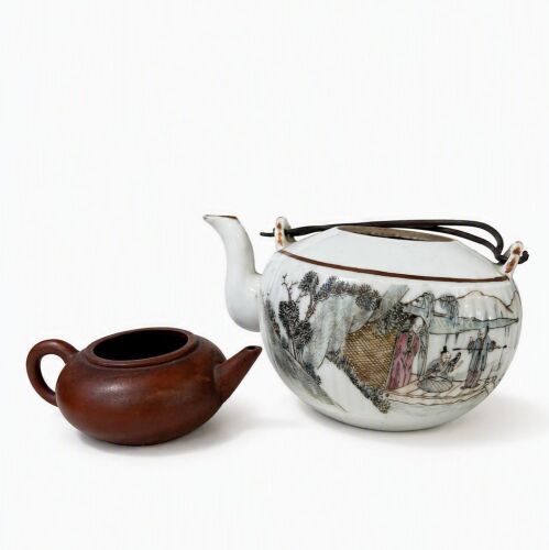 An Early 20th-Century Chinese Qianjiang-Enamelled Teapot and a Zisha Teapot, the Latter Lacking Cover