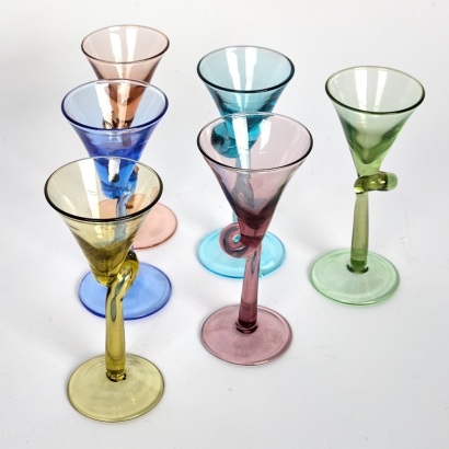 A set of six colourful twisted stemed Liqueur glasses