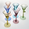 A set of six colourful twisted stemed Liqueur glasses