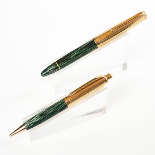 Monblanc Masterpiece Fountain Pen / PIX Pencil Set in Striated Green Celluloid with Box, circa 1950's
