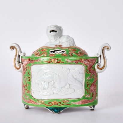 A Chinese 18th Century Early to Mid Qing Dynasty Green-enamelled 'Qilin and Phoenix' Handled Censer with Lion Finial (Mark to Base)