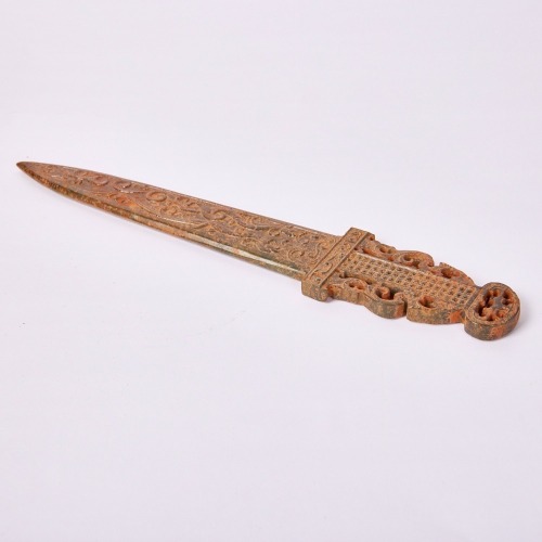 A Chinese Carved Aged Jade Dragon-Decorated Hunting Knife