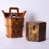 A Chinese Tibetan Hexagonal 'Floral' Hexagonal Box AND A Chinese Qing Dynasty Aged Wood Carrying Bucket