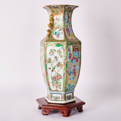 A Chinese Early 19th Century Qing Dynasty Canton Famillie Rose &lsquo;Figural &lsquo;Hexagonal Handled Vase