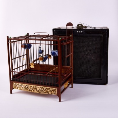 A Chinese 19th Century Qing Dynasty Aged Bamboo Square Bird Cage (With Original Wooden Box)