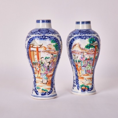 A Pair of 18th Century Chinese Qing Dynasty Qianlong Blue and White and Famille Rose ' Ladies' Vases