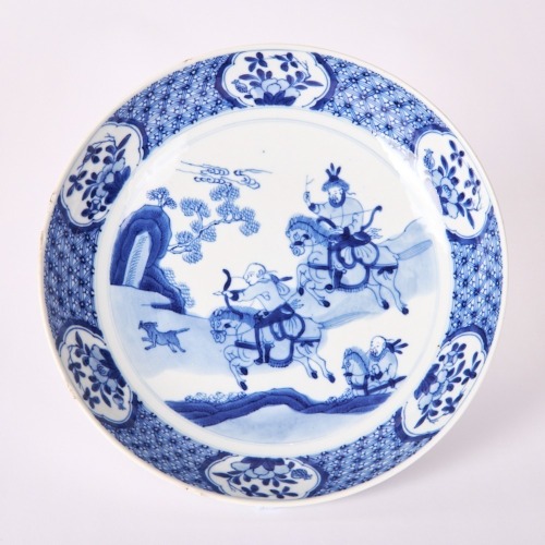 A Chinese 18th Century Qing Dynasty Kangxi Blue and White 'Figural' Dish (Huajia Mark)