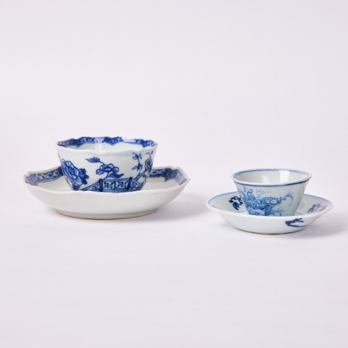 A Set of Two Chinese 18th Century Qing Dynasty Blue and White 'Floral' Cups and Saucers