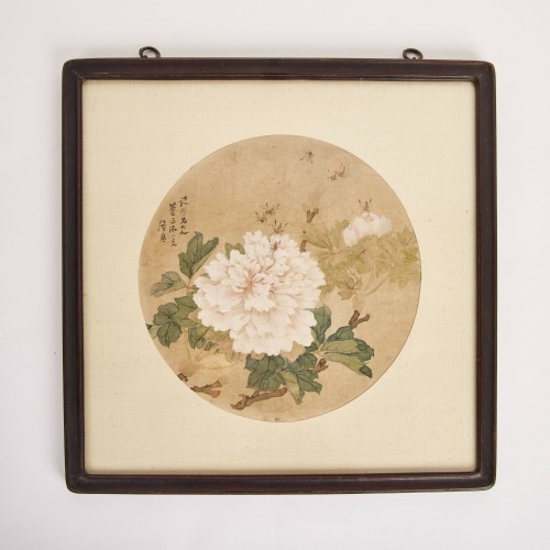 A Chinese Fan Painting of Peonies (Ju Lian Stamp)