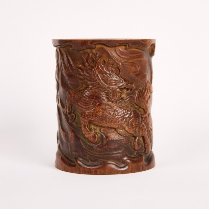 A Chinese Qing Dynasty Carved Bamboo &lsquo;Qilin&rsquo; Brush Pot