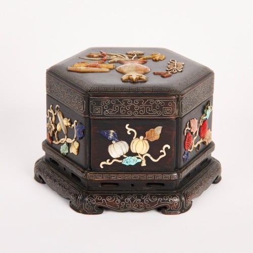A Chinese 18th Century Early to Mid Qing Dynasty Zitan 'Eight Treasures, Hundred Antiques and Auspicious ' Hexagonal Lidded Box (Yanghetang Mark)