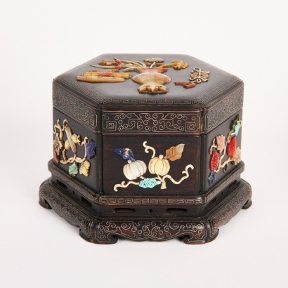 A Chinese 18th Century Early to Mid Qing Dynasty Zitan 'Eight Treasures, Hundred Antiques and Auspicious ' Hexagonal Lidded Box (Yanghetang Mark)
