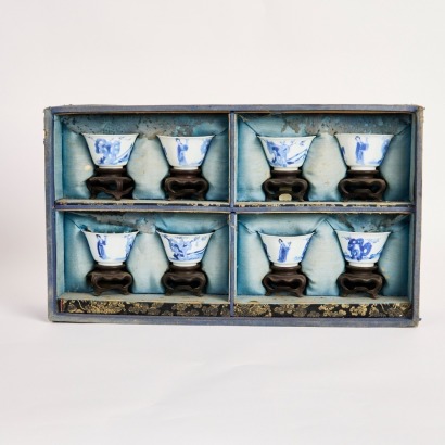 A Group of Eight Chinese 18th Century Qing Dynasty Kangxi Blue and White 'Figural' Cups
