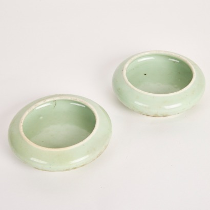 A Pair of Chinese Mid 19th Century Qing Dynasty Celadon Waterpots （Underglaze-blue Double Circle）