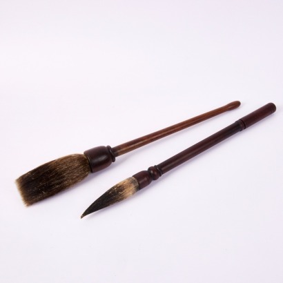 A Set of Two Chinese 20th Century Aged Hardwood Handle Brushes