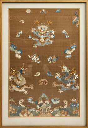 A Set of Two Chinese 19th Century Dragon-Embroidered Panels