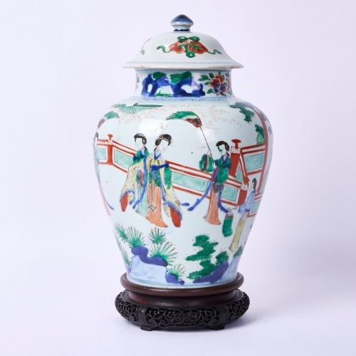 A Chinese 17th Century Qing Dynasty Kangxi Period Wucai &lsquo;Court Ladies&rsquo; Baluster Jar